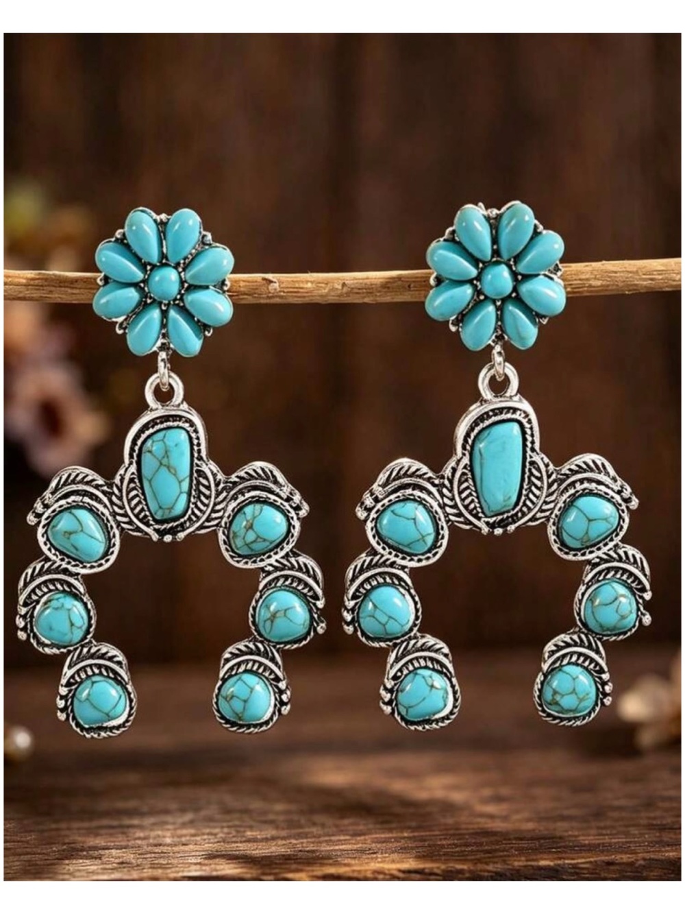 Boho turquoise + silver southwestern dangle earrings, new!